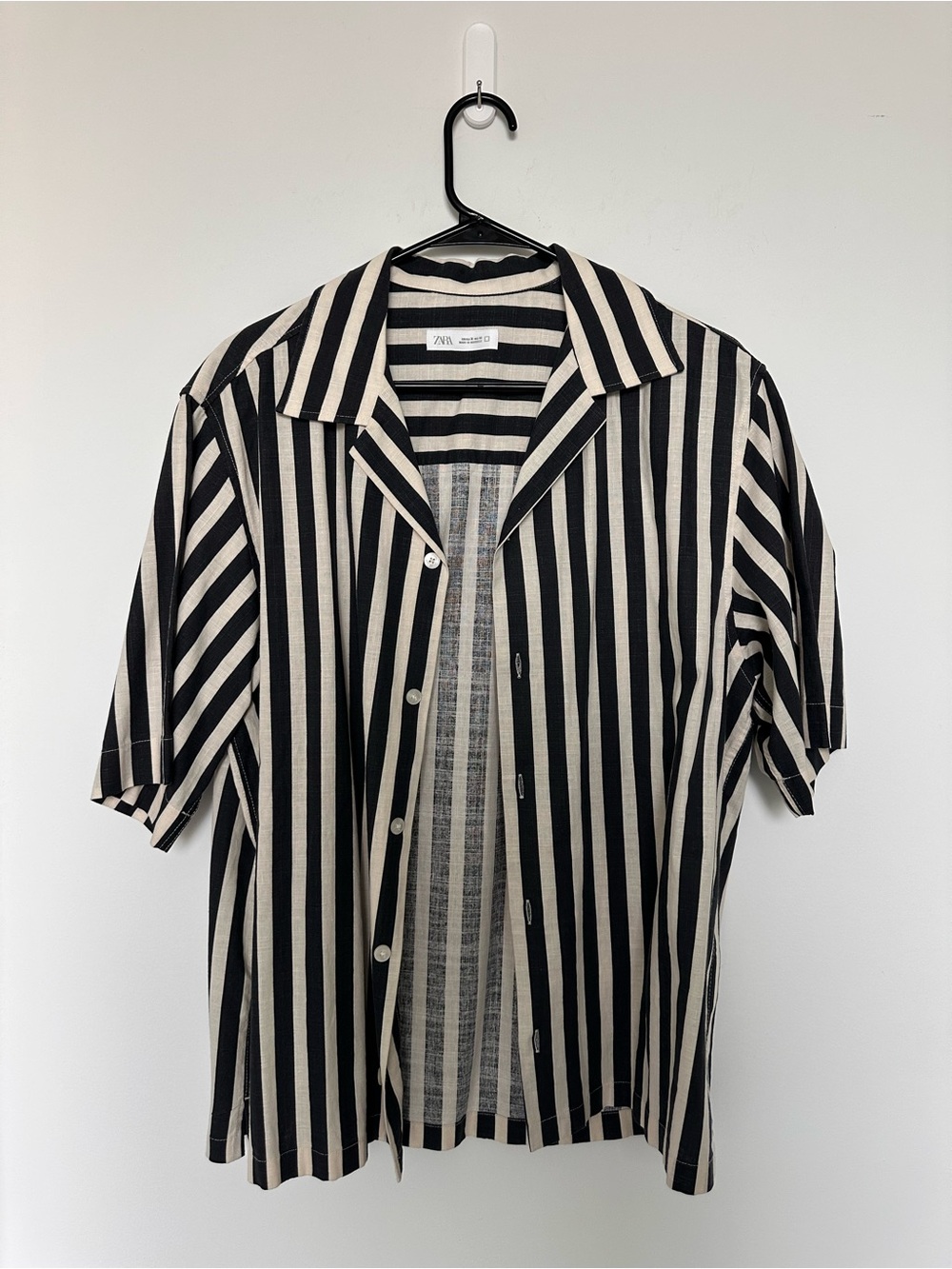 Zara Men Black & Cream Vertical Stripe Camp Shirt